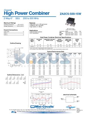 ZA2CS-500-15W datasheet - High Power Combiner 2 Way-0 50Y 200 to 500 MHz