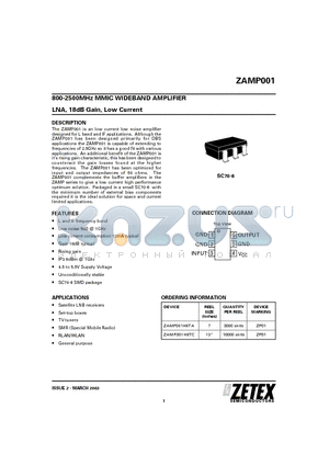 ZAMP001 datasheet - 800-2500MHz MMIC WIDEBAND AMPLIFIER LNA, 18dB Gain, Low Current