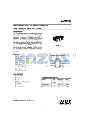 ZAMP003H6TC datasheet - 800-2500MHz MMIC WIDEBAND AMPLIFIER