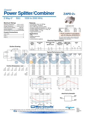 ZAPD-2 datasheet - Power Splitter/Combiner 2 Way-0 50Y 1000 to 2000 MHz