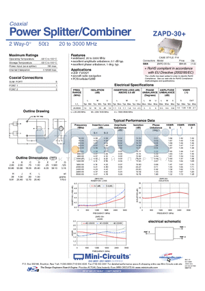 ZAPD-30 datasheet - Power Splitter/Combiner 2 Way-0 50Y 20 to 3000 MHz
