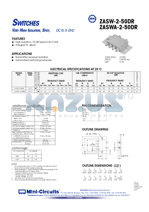 ZASW-2-50DR datasheet - SWITCHES VERY HIGH ISOLATION, SPDT, DC to 5 GHz