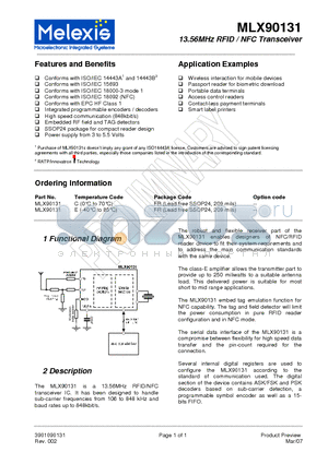 MLX90131 datasheet - 13.56MHz RFID/NFC Transceiver