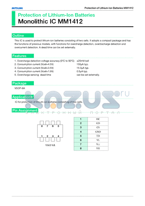 MM1412 datasheet - Protection of Lithium-Ion Batteries Monolithic IC