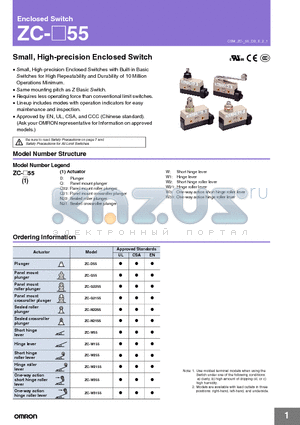 ZC-W155 datasheet - Small, High-precision ENclosed Switch