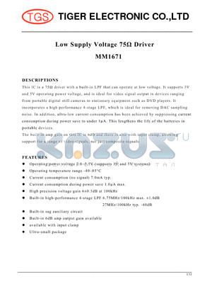MM1671 datasheet - Low Supply Voltage 75OHM Driver