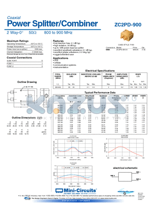 ZC2PD-900 datasheet - Power Splitter/Combiner 2 Way-0 50Y 800 to 900 MHz