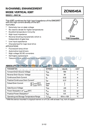 ZCN0545A datasheet - N-CHANNEL ENHANCEMENT MODE VERTICAL IGBT