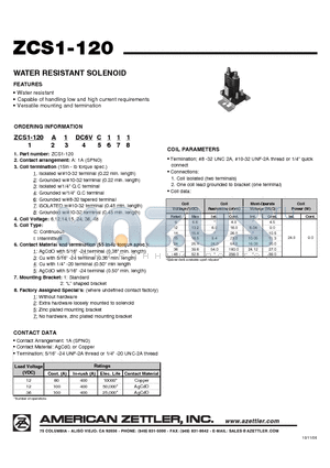 ZCS1-120A1DC14VI121 datasheet - WATER RESISTANT SOLENOID