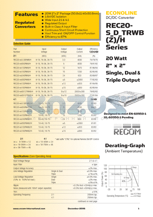 REC20-480515TRWBH datasheet - 20 Watt 2 x 2 Single, Dual & Triple Output