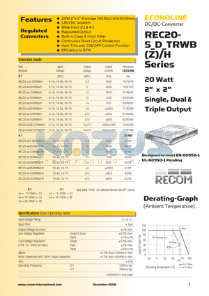 REC20-4812DRWBZ datasheet - 20 Watt 2 x 2 Single, Dual & Triple Output