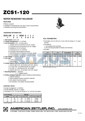 ZCS1-120A2DC14VI511 datasheet - WATER RESISTANT SOLENOID