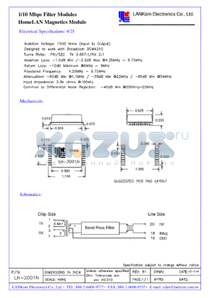 LH-2001N datasheet - 1/10 Mbps Filter Modules HomeLAN Magnetics Module