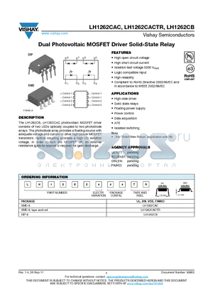LH1262CB datasheet - Dual Photovoltaic MOSFET Driver Solid-State Relay