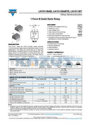 LH1511BABTR datasheet - 1 Form B Solid State Relay