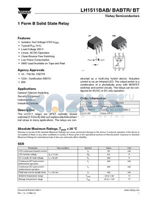 LH1511BT datasheet - 1 Form B Solid State Relay