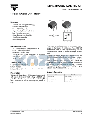 LH1518AT datasheet - 1 Form A Solid State Relay