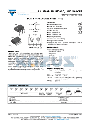 LH1520AACTR datasheet - Dual 1 Form A Solid-State Relay