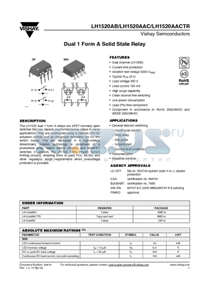LH1520AB datasheet - Dual 1 Form A Solid State Relay
