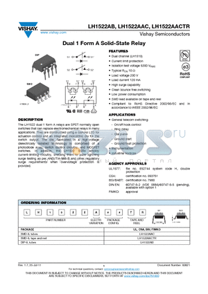 LH1522AAC datasheet - Dual 1 Form A Solid-State Relay