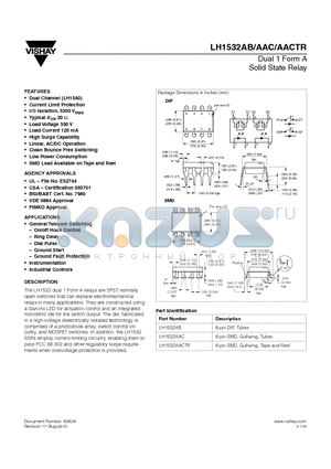 LH1532AAC datasheet - Dual 1 Form A Solid State Relay