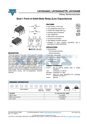 LH1544AACTR datasheet - Dual 1 Form A Solid State Relay (Low Capacitance)