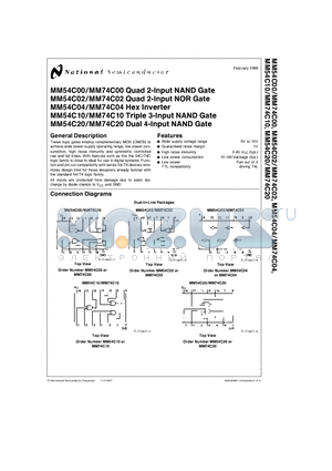 MM54C00 datasheet - Quad 2-Input NAND Gate, Quad 2-Input NOR Gate, Hex Inverter, Triple 3-Input NAND Gate, Dual 4-Input NAND Gate