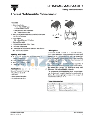 LH1549AAC datasheet - 1 Form A Phototransistor Telecomswitch