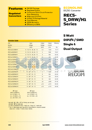 REC5-1205RWZ/H1 datasheet - 5 Watt DIP24 / SMD Single & Dual Output