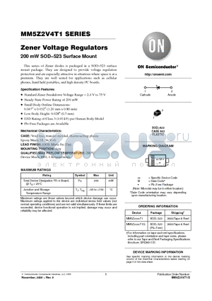 MM5Z20VT1 datasheet - Zener Voltage Regulators 200 mW SOD−523 Surface Mount