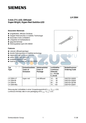 LH3364 datasheet - 3 mm T1 LED, Diffused Super-Bright, Hyper-Red GaAIAs-LED