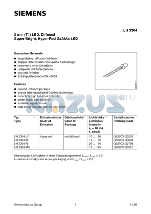 LH3364-LP datasheet - 3 mm T1 LED, Diffused Super-Bright, Hyper-Red GaAIAs-LED