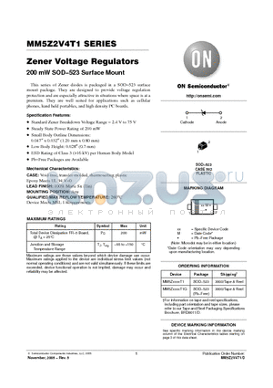 MM5Z3V9T1 datasheet - Zener Voltage Regulators 200 mW SOD−523 Surface Mount