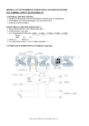 LHR002 datasheet - HOME LAN NETWORKING FOR PCMCIA BANDPASS FILTER