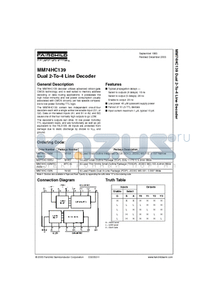 MM74HC139M datasheet - Dual 2-To-4 Line Decoder