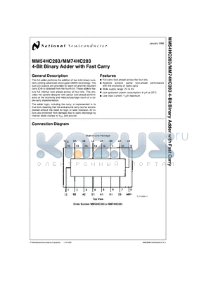 MM74HC283N datasheet - 4-Bit Binary Adder with Fast Carry