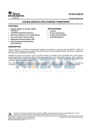 RF-HDT-DVBE-N0 datasheet - 13.56-MHz ENCAPSULATED STANDARD TRANSPONDER