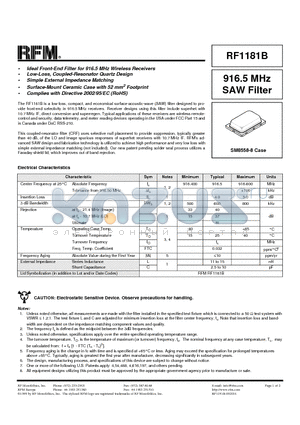RF1181B datasheet - 916.5 MHz SAW Filter