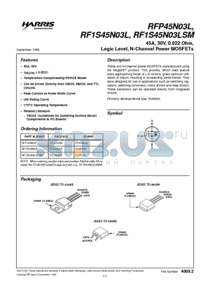 RF1S45N03L datasheet - 45A, 30V, 0.022 Ohm, Logic Level, N-Channel Power MOSFETs