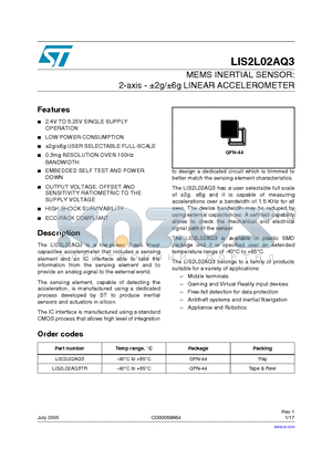 LIS2L02AQ3 datasheet - MEMS INERTIAL SENSOR: 2-axis - a2g/a6g LINEAR ACCELEROMETER