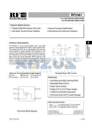 RF2361PCBA-L datasheet - 3V LOW NOISE AMPLIFIER/ 3V PA DRIVER AMPLIFIER