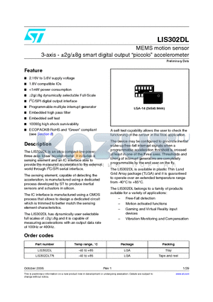 LIS302DLTR datasheet - MEMS motion sensor 3-axis - a2g/a8g smart digital output piccolo accelerometer