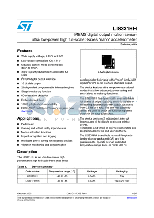 LIS331HH datasheet - MEMS digital output motion sensor ultra low-power high full-scale 3-axes nano accelerometer