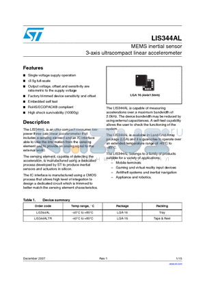 LIS344ALTR datasheet - MEMS inertial sensor 3-axis ultracompact linear accelerometer