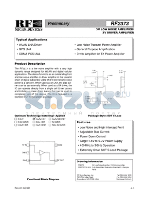 RF2373 datasheet - 3V LOW NOISE AMPLIFIER/ 3V DRIVER AMPLIFIER