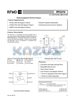 RF2370PCBA-410 datasheet - 3V LOW NOISE AMPLIFIER