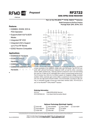 RF2722 datasheet - GSM/GPRS/EDGE RECEIVER
