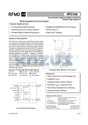 RF3166 datasheet - QUAD-BAND GSM850/GSM900/DCS/PCS POWER AMP MODULE