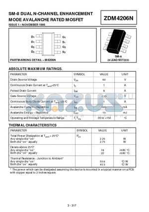 ZDM4206N datasheet - DUAL N-CHANNEL ENHANCEMENT MODE AVALANCHE RATED MOSFET