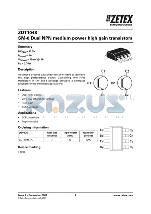 ZDT1048_07 datasheet - SM-8 Dual NPN medium power high gain transistors